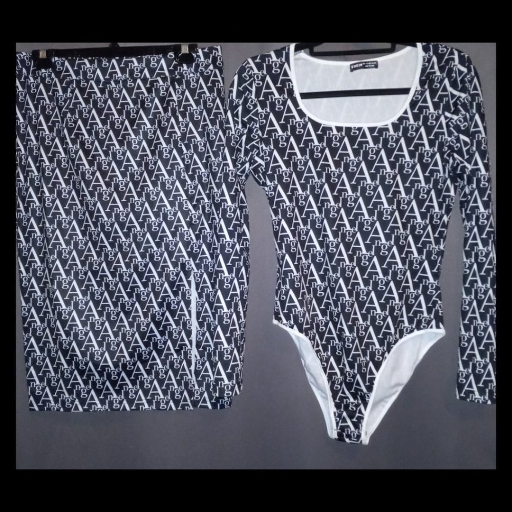 Shein Black & White Allover Letter Graphic Bodysuit and Skirt Set (Size LG)
